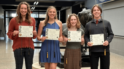 Four students were inducted into Phi Epsilon Kappa this year, from left to right: Elena Batenhorst, Greta Corneliusen, Seanna Patterson, and Micah Henschen