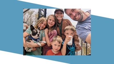 Rev. Dr. John Genter and his wife Teddie, their four children: Zoe, Eliana, Emmet, and Benjamin, and their Boston Terrier, Jax.