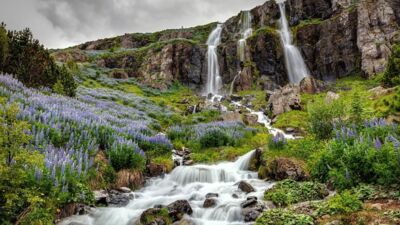 Waterfalls cascading down a rocky outcropping in Seydisfjordur