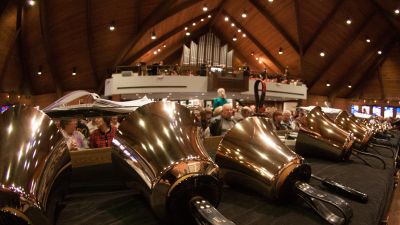 Resting handbells at the front of St. John Lutheran Church during a concert