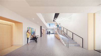 A rendering of the new Concordia Music Center's lobby area