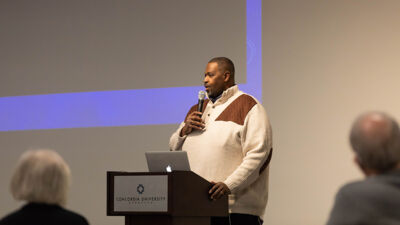 Rev. B. Keith Haney delivers a presentation at Concordia University, Nebraska.