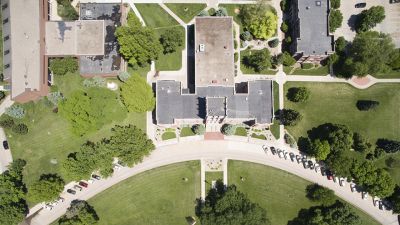 An aerial shot of the front of Concordia Nebraska