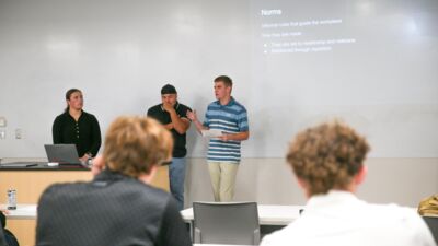 Students presenting in a business class