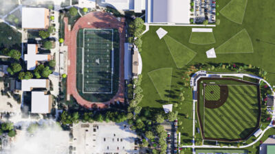 Top down view of the athletics side of campus with a rendering of the new ball field.