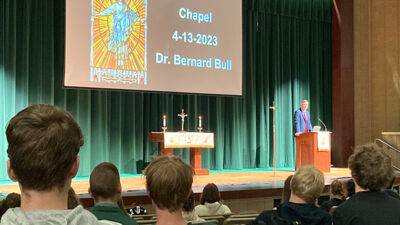 President Bernard Bull speaks during chapel at Sheboygan Lutheran High School in Sheboygan, Wis.