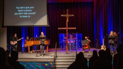 Student band leading PRAISE! on Wednesday nights.
